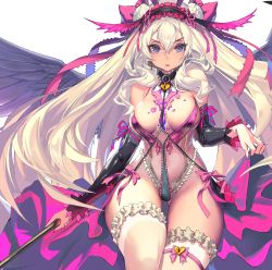 Rule 34 | 1girl, arm ribbon, artemis (destiny child), bare shoulders, black wings, blonde hair, bow, breasts, choker, closed mouth, destiny child, detached sleeves, double bun, dress, earrings, frilled hairband, frilled thighhighs, frills, hair bun, hair ornament, hairband, heart-shaped lock, highres, holding, jewelry, kim hyung tae, long hair, medium breasts, purple eyes, ribbon, sidelocks, solo, thighhighs, very long hair, white background, white thighhighs, wide hips, wings