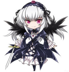Rule 34 | 00s, boots, chibi, dress, hairband, long hair, mtyy, pink eyes, rozen maiden, silver hair, solo, suigintou, sword, weapon, wings