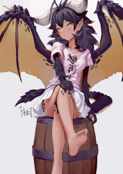 Rule 34 | 1girl, ahoge, artist name, ass, bare legs, barefoot, barrel, black hair, blush, breasts, clothes writing, collarbone, commentary, crossed legs, dragon girl, feet, feet out of frame, fkey, grey background, head tilt, highres, horns, long hair, looking at viewer, medium breasts, miniskirt, monster girl, monster hunter, monster hunter: world, monster hunter (series), nergigante, original, personification, pink shirt, pointy ears, shirt, short sleeves, signature, simple background, sitting, skirt, soles, solo, t-shirt, tail, thighs, translation request, white skirt, wings, yellow eyes