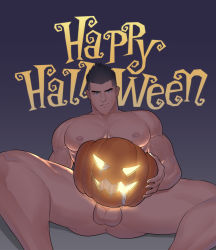 Rule 34 | 1boy, abs, anus, bara, black hair, blue eyes, completely nude, erection, feet out of frame, glowing, gluteal fold, halloween, halloween costume, happy halloween, highres, hunterkay, jack-o&#039;-lantern, large pectorals, male focus, muscular, naked pumpkin, nipples, nude, original, pectorals, penis, penis peek, pumpkin, short hair, sideburns, solo, spread legs, testicles, thick thighs, thighs, uncensored