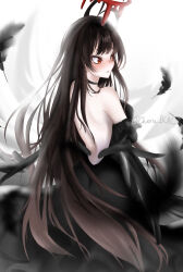 Rule 34 | 1girl, absurdres, bags under eyes, bare back, black choker, black dress, black hair, black wings, blue archive, cheru blac, choker, dress, falling feathers, feathers, from behind, gradient hair, halo, highres, long hair, looking to the side, melting halo, multicolored hair, red eyes, red halo, solo, straight hair, tsurugi (blue archive), twitter username, very long hair, wings