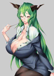 Rule 34 | 1girl, breasts, cleavage, green hair, grey background, horns, huge breasts, ion (cation), long hair, pantyhose, pointer, red eyes, simple background, solo, very long hair
