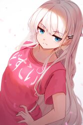 Rule 34 | 1girl, blue eyes, closed mouth, clothes writing, commentary request, dutch angle, eyelashes, from above, frown, glaring, glint, hair between eyes, hair ornament, hair over shoulder, hairclip, hand on own hip, highres, jitome, light blush, long hair, looking at viewer, naruse shiroha, red shirt, shirt, short sleeves, sidelocks, simple background, summer pockets, t-shirt, tagame (tagamecat), translated, upturned eyes, very long hair, white background, white hair