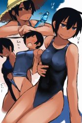 Rule 34 | 1girl, black hair, blue eyes, blush, breasts, competition swimsuit, covered erect nipples, frontal wedgie, hat, highleg, highleg swimsuit, highres, lvi, medium breasts, one-piece swimsuit, original, ramune, short hair, sketch, speedo (company), straw hat, sun hat, swimsuit, swimsuit tug, tan, tanline, translation request, wedgie