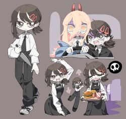 Rule 34 | 2girls, absurdres, apron, black apron, black bow, black bowtie, black hair, black jacket, black necktie, black pants, blonde hair, blue jacket, bow, bowtie, burger, chainsaw man, closed eyes, collared shirt, cross-shaped pupils, crying, dancing, dmebgsa3, fangs, food, formal, french fries, grey background, hair between eyes, hair ornament, hairclip, higashiyama kobeni, highres, holding, holding knife, holding tray, horns, jacket, knife, long hair, looking at viewer, looking to the side, medium hair, multiple girls, necktie, off shoulder, open mouth, pants, power (chainsaw man), red horns, shaded face, shirt, shirt tucked in, short hair, short ponytail, simple background, single sidelock, spoken skull, suit, suit jacket, sweat, swept bangs, symbol-shaped pupils, tray, wavy mouth, white shirt, yellow eyes