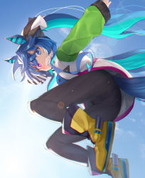 Rule 34 | 1girl, animal ears, ass, black pantyhose, blue eyes, blue hair, blue sky, boots, cloud, commentary request, day, from behind, grin, heterochromia, highres, horse ears, horse girl, horse tail, jacket, kabocha (monkey4), long hair, long sleeves, looking at viewer, looking back, midair, multicolored hair, outdoors, panties, panties under pantyhose, pantyhose, pink eyes, puffy long sleeves, puffy sleeves, sharp teeth, sky, sleeves past wrists, smile, solo, tail, teeth, twin turbo (umamusume), twintails, two-tone hair, umamusume, underwear, very long hair, white jacket, yellow footwear