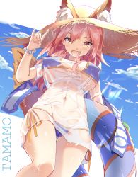 Rule 34 | 1girl, :d, absurdres, animal ears, bikini, blue bikini, blue sky, bracelet, breasts, breasts apart, character name, commentary, covered erect nipples, day, ears through headwear, fang, fate/grand order, fate (series), fox ears, fox tail, from below, g-buri, hat, highres, innertube, jewelry, large breasts, long hair, looking at viewer, looking down, navel, open mouth, pink hair, see-through, shirt, side-tie bikini bottom, sky, smile, solo, sun hat, swim ring, swimsuit, t-shirt, tail, tamamo (fate), tamamo no mae (fate/extra), tamamo no mae (swimsuit lancer) (fate), tamamo no mae (swimsuit lancer) (second ascension) (fate), thigh gap, underboob, wet, wet clothes, wet shirt, yellow eyes