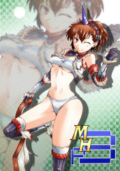 Rule 34 | 1girl, atlus, boots, breasts, brown hair, capcom, cosplay, elbow gloves, gloves, hairband, horns, kirin (armor), kirin (cosplay), midriff, missing file, monster hunter (series), one eye closed, persona, persona 3, persona 3 portable, red eyes, segami daisuke, shiomi kotone, single horn, solo, underboob, wink, zoom layer