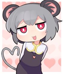 Rule 34 | 1girl, animal ear fluff, animal ears, blush, border, bright pupils, capelet, commentary request, cookie (touhou), cowboy shot, flat chest, grey hair, grey skirt, grey vest, heart, heart background, heart necklace, heart tail, hospital king, jewelry, long sleeves, looking at viewer, medium bangs, mouse ears, mouse girl, mouse tail, nazrin, necklace, nyon (cookie), open mouth, outside border, pendant, pink background, red eyes, shirt, short hair, skirt, smile, solo, tail, touhou, vest, white border, white capelet, white pupils, white shirt