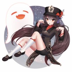 Rule 34 | 1girl, :d, black footwear, black hair, black nails, black shorts, chinese clothes, full body, genshin impact, ghost, ghost pose, hair between eyes, hat, hat feather, hat ornament, highres, hu tao (genshin impact), jewelry, kneehighs, long hair, long sleeves, looking at viewer, nail polish, open mouth, parted lips, red eyes, ring, short shorts, shorts, sidelocks, signature, simple background, sitting, smile, socks, symbol-shaped pupils, twintails, vickie (cryingrobot), white background, white socks