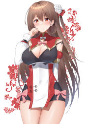 Rule 34 | 1girl, absurdres, arm behind back, arm up, blush, bow, bowtie, breasts, brown eyes, brown hair, chinese clothes, cleavage, closed mouth, commission, covered navel, feet out of frame, flower, futon fly away, hair flower, hair ornament, highres, long hair, long sleeves, looking at viewer, medium breasts, oshiro project:re, oshiro project:re, pink bow, pink bowtie, pixiv commission, simple background, solo, standing