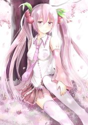 Rule 34 | 1girl, bad id, bad pixiv id, cherry, detached sleeves, food, fruit, hatsune miku, long hair, necktie, pink eyes, pink hair, sakura miku, sitting, skirt, solo, tailam, thighhighs, tree, twintails, very long hair, vocaloid