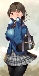 Rule 34 | 1girl, atago (kancolle), bag, black hair, blue jacket, breasts, character doll, closed mouth, cowboy shot, hands on own cheeks, hands on own face, hayakawa akari, jacket, kantai collection, large breasts, long sleeves, naka (kancolle), pantyhose, plaid, plaid skirt, pleated skirt, red eyes, short hair, skirt, solo, standing, takao (kancolle), twitter username, upper body