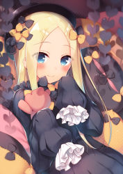 Rule 34 | 1girl, abigail williams (fate), black bow, black dress, black hat, blonde hair, blue eyes, blush, bow, closed mouth, dress, fate (series), frilled sleeves, frills, hair bow, hat, holding, holding stuffed toy, long hair, long sleeves, looking at viewer, orange bow, parted bangs, pillow, polka dot, polka dot bow, polka dot pillow, sazaki ichiri, sleeves past fingers, sleeves past wrists, smile, solo, stuffed animal, stuffed toy, teddy bear, very long hair