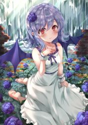 Rule 34 | 1girl, alternate costume, bare shoulders, barefoot, bat wings, blush, breasts, bue rose, closed mouth, collarbone, dress, dress grab, eyelashes, flower, hair flower, hair ornament, hand on own chest, highres, kneeling, light purple hair, light smile, lipstick, makeup, plant, pointy ears, red eyes, remilia scarlet, short hair, sitting, small breasts, solo, thorns, torottye, touhou, vines, white dress, wings, wrist cuffs