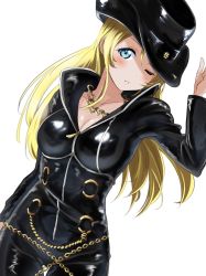 Rule 34 | 1girl, ;), artist name, artist request, ayase eli, black bodysuit, black hat, black pants, blonde hair, blue eyes, blush, bodysuit, breasts, chain, chain necklace, cleavage, collarbone, cowboy hat, diamond princess no yuuutsu, female focus, gold chain, gold necklace, hair between eyes, hanamaruyama628, hat, high ponytail, highres, jewelry, long hair, long sleeves, looking at viewer, love live!, love live! school idol festival, love live! school idol project, medium breasts, necklace, one eye closed, pants, parted lips, ponytail, smile, solo, white background, wink, zipper, zipper pull tab