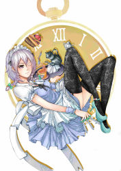 Rule 34 | 1girl, absurdres, between fingers, black thighhighs, blue eyes, braid, clock, cup, dress, female focus, high heels, highres, holding, izayoi sakuya, knife, maid, maid headdress, one eye closed, pocket watch, roman numeral, shoes, short hair, silver hair, smile, solo, teacup, teapot, thighhighs, touhou, tray, twin braids, watch, wink, zizi (linyingxin)