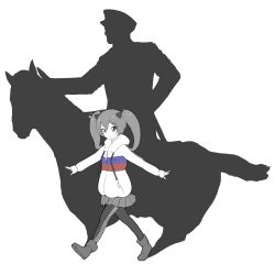 Rule 34 | 1girl, archived source, boots, bow, different shadow, drawfag, greyscale, hair ornament, highres, hood, hoodie, looking at viewer, monochrome, original, pantyhose, russian flag, shadow-chan, skirt, solo, twintails