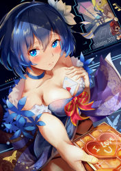 Rule 34 | 1girl, 2020, ahoge, asc11, bare shoulders, between breasts, blue choker, blue dress, blue flower, blue hair, blush, bow, box, breasts, bronya zaychik, bug, butterfly, character request, chocolate, choker, cleavage, commentary request, dress, dress bow, flower, from above, gift, gift box, grey hair, hair bow, hand on own chest, highres, holding, holding gift, homu (honkai impact), honkai (series), honkai impact 3rd, incoming gift, insect, letter, looking at viewer, love letter, medium breasts, peeking, pov, seele (alter ego), seele vollerei, solo, solo focus, strapless, strapless dress, tearing up, thumbs up, valentine