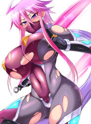 Rule 34 | 1girl, ahoge, blush, bodysuit, breasts, cleavage, covered navel, earrings, elbow gloves, fishnet bodysuit, fishnets, gloves, hand gesture, holding, holding weapon, jewelry, kunai, large breasts, looking at viewer, mouth mask, ninja, ninja mask, nishida megane, original, pink eyes, pink hair, short hair with long locks, skin tight, solo, taimanin suit, thighs, torn bodysuit, torn clothes, weapon, white background