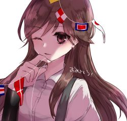 Rule 34 | 10s, 1girl, arashio (kancolle), brown hair, commentary, furumachi kyuu, highres, kantai collection, long hair, open mouth, school uniform, shirt, signal flag, smile, solo, suspenders, translated, white background