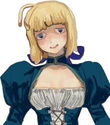 Rule 34 | 1girl, artoria pendragon (all), artoria pendragon (fate), blonde hair, blue bow, blue dress, blue eyes, bow, dress, fate/stay night, fate (series), mossacannibalis, open mouth, puffy sleeves, saber (fate), sader, short hair, simple background, solo, white background