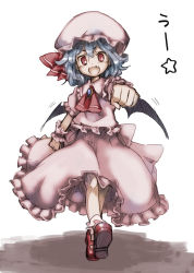 Rule 34 | 1girl, azuki (azuki-taste), bat wings, blue hair, full body, hat, looking at viewer, open mouth, red eyes, remilia scarlet, short hair, simple background, smile, solo, touhou, uu~, white background, wings