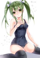Rule 34 | 1girl, bare shoulders, black thighhighs, breasts, eyes visible through hair, green hair, hair between eyes, hand on own chest, highres, kantai collection, looking at viewer, one-piece swimsuit, ribbon, school swimsuit, simple background, sitting, small breasts, solo, swimsuit, thighhighs, twintails, viwop, wariza, white background, white ribbon, yellow eyes, zuikaku (kancolle)