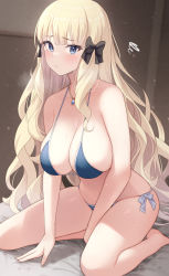 Rule 34 | 1girl, bare shoulders, bikini, blue bikini, blue eyes, blush, breasts, brown background, cleavage, collarbone, highres, large breasts, long hair, looking at viewer, pointy ears, princess connect!, saren (princess connect!), saren (real) (princess connect!), sidelocks, sixteenpo, solo, swimsuit, thighs