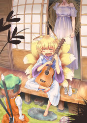 Rule 34 | 3girls, :d, acoustic guitar, angry, animal ears, barefoot, blonde hair, blood, brown hair, cat ears, cat girl, cat tail, chen, chopsticks, clenched hand, closed eyes, feet, female focus, food, fox ears, fox tail, guitar, hat, head out of frame, highres, instrument, kouzilow, multiple girls, multiple tails, music, nekomata, no headwear, no headwear, open mouth, scared, singing, sitting, smile, tail, touhou, yakumo ran, yakumo yukari