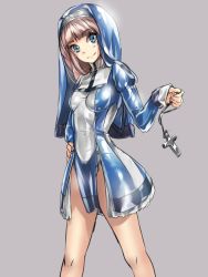 Rule 34 | 1girl, blue eyes, blush, bodysuit, breasts, brown hair, capelet, closed mouth, cross, from side, fumi11gou, grey background, habit, hand on own hip, head tilt, holding, juliet sleeves, latex, legs apart, leotard, light smile, long sleeves, looking at viewer, nun, original, outstretched arm, pelvic curtain, puffy sleeves, shiny clothes, silver hair, simple background, sketch, skin tight, sleeves past wrists, small breasts, smile, solo, turtleneck, unzipped, zipper, zipper pull tab