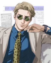 Rule 34 | 1boy, absurdres, text background, blue shirt, blurry, brown hair, brown jacket, brown suit, closed mouth, collared shirt, commentary, ctstudio (executional), depth of field, english commentary, formal, glasses, green-tinted eyewear, hand up, highres, jacket, jujutsu kaisen, lips, long sleeves, looking at viewer, male focus, nanami kento, necktie, newspaper, opaque glasses, partially opaque glasses, round eyewear, shirt, short hair, solo, suit, sunglasses, tinted eyewear, upper body, watch, white background, wristwatch, yellow necktie