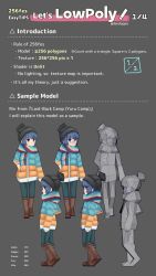 Rule 34 | 1girl, 3d, beanie, black headwear, blue hair, blue jacket, boots, brown footwear, commentary, denim, english commentary, english text, grey background, hand on own hip, hat, highres, how to, jacket, jeans, knee boots, leedoppo, low poly, multicolored clothes, multicolored jacket, multiple views, orange jacket, pants, purple eyes, shima rin, text focus, twitter username, two-tone jacket, yurucamp