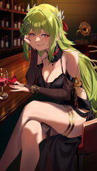 Rule 34 | 1girl, absurdres, alcohol, alternate costume, bar (place), breasts, bug, butterfly, cleavage, commentary request, commission, crossed legs, cup, dress, drinking glass, earrings, evening gown, feet out of frame, girls&#039; frontline, green hair, hair ornament, head rest, heart, heart-shaped pupils, highres, ibaraki shun, insect, jewelry, large breasts, legs, letter hair ornament, long hair, looking at viewer, mk48 (girls&#039; frontline), phonograph, red butterfly, red eyes, sitting, skeb commission, smile, solo, symbol-shaped pupils, wine, wine glass