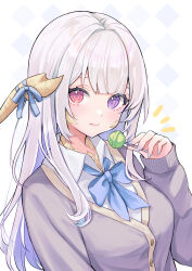Rule 34 | 1girl, absurdres, au ra, blue bow, blue bowtie, blue nails, blunt bangs, bow, bowtie, candy, cardigan, collared shirt, dragon horns, final fantasy, final fantasy xiv, food, from side, heterochromia, highres, holding, holding candy, holding food, holding lollipop, horns, lilith degree, lollipop, long hair, long sleeves, looking at viewer, nail polish, pink hair, purple cardigan, purple eyes, red eyes, scales, shirt, simple background, smile, solo, upper body, warrior of light (ff14), white background, white shirt