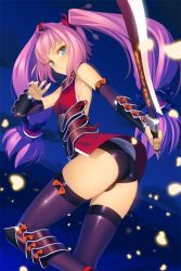 Rule 34 | 1girl, ass, black leotard, black thighhighs, blue eyes, breasts, from side, hair intakes, holding, holding sword, holding weapon, leotard, long hair, looking at viewer, official art, parted lips, purple hair, sangoku romance, small breasts, solo, sword, thighhighs, thighs, tsurime, twintails, weapon, yangsion