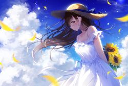 Rule 34 | 1girl, arms behind back, bad id, bare shoulders, blue bow, blue ribbon, blue sky, bow, breasts, brown eyes, brown hair, brown hat, closed mouth, cloud, cloudy sky, commentary request, day, dress, flower, hat, hat bow, leaning forward, long hair, looking at viewer, medium breasts, noda shuha, off-shoulder dress, off shoulder, original, outdoors, petals, ribbon, sky, smile, solo, straw hat, sunflower, white dress, window, yellow flower