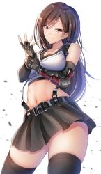 Rule 34 | 1girl, bare shoulders, belt, bike shorts, black gloves, black hair, black skirt, black thighhighs, breasts, cleavage, closed mouth, collarbone, commentary request, contrapposto, cowboy shot, crop top, denpa (denpae29), earrings, elbow pads, final fantasy, final fantasy vii, final fantasy vii remake, fingerless gloves, gauntlets, gloves, jewelry, large breasts, long hair, looking at viewer, midriff, miniskirt, red eyes, shirt, shorts, shorts under skirt, skindentation, skirt, sleeveless, sleeveless shirt, smile, solo, stomach, suspenders, tank top, thighhighs, tifa lockhart, white background, white shirt, zettai ryouiki