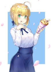 Rule 34 | 1girl, absurdres, ahoge, artoria pendragon (all), artoria pendragon (fate), blonde hair, blue background, blue ribbon, blue skirt, blush, border, braid, commentary request, cowboy shot, dress, fate/stay night, fate (series), food, green eyes, hair ribbon, highres, holding, holding food, long skirt, looking at viewer, m.tokotsu, neck ribbon, petals, ribbon, saber (fate), shirt, short hair, skirt, smile, solo, tongue, tongue out, white background, white border, white shirt