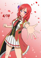 Rule 34 | 1girl, absurdres, artist name, artist request, bare legs, black bow, blush, bokura no live kimi to no life, bow, breasts, clenched hand, collared shirt, feather hair ornament, feathers, female focus, flower, hair between eyes, hair ornament, highres, long hair, looking at viewer, love live!, love live! school idol project, medium breasts, necktie, nishikino maki, petals, pink petals, purple eyes, purple flower, reaching, reaching towards viewer, red hair, red necktie, red petals, red shirt, shirt, short hair, short necktie, short sleeves, skirt, smile, solo, white feathers, white skirt