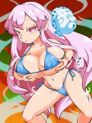 Rule 34 | 1girl, bikini, blue bikini, breasts, breasts squeezed together, cleavage, commission, dancing, expressionless, grabbing own breast, hata no kokoro, heart, hyottoko mask, imijikumo36, large breasts, long hair, looking at viewer, mask, micro bikini, motion lines, navel, pink eyes, pink hair, side-tie bikini bottom, skeb commission, solo, sound effects, swimsuit, touhou, very long hair