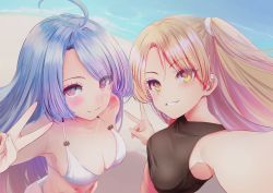 Rule 34 | 2girls, ahoge, azur lane, beach, bikini, blonde hair, blue hair, blush, breasts, cleavage, cleveland (azur lane), commentary request, day, dutch angle, from above, grin, hair ornament, hair scrunchie, helena (azur lane), long hair, looking at viewer, medium breasts, multiple girls, ocean, one side up, outdoors, purple eyes, schreibe shura, scrunchie, selfie, small breasts, smile, sunlight, swept bangs, swimsuit, v, very long hair, water, white bikini, yellow eyes