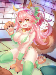 Rule 34 | 1girl, :d, animal ear fluff, animal ears, animal hands, asanogawa (tutufcc), bell, between legs, bikini, blush, bow, breasts, brown eyes, cat hair ornament, cleavage, collar, cosplay, covered erect nipples, dutch angle, fang, fate/grand order, fate (series), florence nightingale (fate), florence nightingale (fate) (cosplay), florence nightingale (trick or treatment) (fate), florence nightingale (trick or treatment) (fate) (cosplay), fox ears, fox girl, fox tail, gloves, green bikini, green bow, green thighhighs, hair between eyes, hair bow, hair ornament, hand between legs, hand up, head tilt, highleg, highleg bikini, highres, indoors, jingle bell, large breasts, long hair, looking at viewer, maid headdress, neck bell, official alternate costume, open mouth, paw gloves, paw print, paw shoes, pink hair, red collar, seiza, shoes, side-tie bikini bottom, sitting, smile, solo, swimsuit, tail, tamamo (fate), tamamo cat (fate), thighhighs, v-shaped eyebrows, very long hair