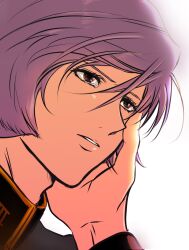 Rule 34 | 1boy, brown eyes, garma zabi, gundam, hair between eyes, hand on another&#039;s cheek, hand on another&#039;s face, high collar, highres, long sleeves, looking afar, male focus, mobile suit gundam, out of frame, parted lips, portrait, purple hair, short hair, simple background, solo focus, tearing up, upper body, white background, yuu (u1989080)