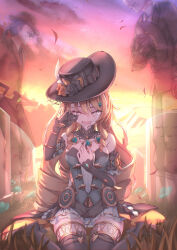 Rule 34 | 1girl, 2boys, absurdres, bare shoulders, black gloves, black headwear, black thighhighs, blonde hair, closed eyes, commentary request, crying, detached sleeves, dress, facial hair, fall4592, fedora, genshin impact, gloves, grass, hat, highres, jacket, jewelry, long sleeves, melus (genshin impact), multiple boys, mustache, navia (genshin impact), necklace, open mouth, outdoors, pants, silver (genshin impact), sitting, spirit, strapless, strapless dress, sunglasses, sunset, tears, thighhighs, tombstone, wariza
