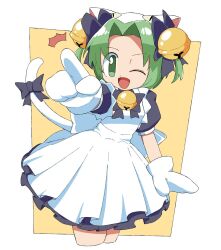 Rule 34 | 1girl, animal ears, animal hat, apron, bell, bow, cat ears, cat hat, cat tail, cocia (kosianko), dejiko, di gi charat, dress, green eyes, green hair, hair bell, hair ornament, hat, highres, jingle bell, maid apron, neck bell, one eye closed, open mouth, short hair, smile, tail, tail bow, tail ornament
