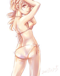 Rule 34 | 10s, 1girl, 2013, adjusting hair, arms up, ass, back, bikini, blonde hair, drill hair, looking back, mahou shoujo madoka magica, mahou shoujo madoka magica (anime), mouth hold, musukichi, side-tie bikini bottom, sketch, solo, swimsuit, tomoe mami, yellow eyes
