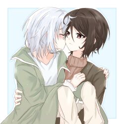 Rule 34 | 2girls, ausa lshadow, bang dream!, blue background, blush, border, brown hair, brown sweater, carrying, carrying person, closed eyes, closed mouth, commentary, green jacket, hand on another&#039;s shoulder, jacket, kiss, kissing cheek, kurata mashiro, long sleeves, multiple girls, outline, pants, princess carry, red eyes, ribbed sweater, shirt, short hair, sweater, white border, white hair, white outline, white pants, white shirt, yashio rui, yuri