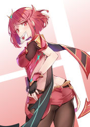 Rule 34 | 1girl, absurdres, ass, bangs, black gloves, breasts, butt crack, chest jewel, earrings, envelope, female focus, fingerless gloves, from behind, gloves, highres, jewelry, large breasts, leggings, letter, looking back, matching hair/eyes, mouth hold, nintendo, pantyhose, pyra (xenoblade), red eyes, red hair, red legwear, red shorts, scarlet dango, short hair, short shorts, shorts, smash invitation, solo, super smash bros., swept bangs, thighhighs, thighs, tiara, xenoblade chronicles (series), xenoblade chronicles 2
