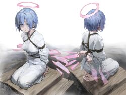 Rule 34 | 1girl, a tea, arknights, arms behind back, bdsm, blue hair, bondage, bound, breasts, detached wings, disembodied hand, energy wings, full body, halo, highres, how to, japanese clothes, looking at viewer, medium breasts, multiple views, seiza, shibari, short hair, sitting, spuria (arknights), wings, yellow eyes